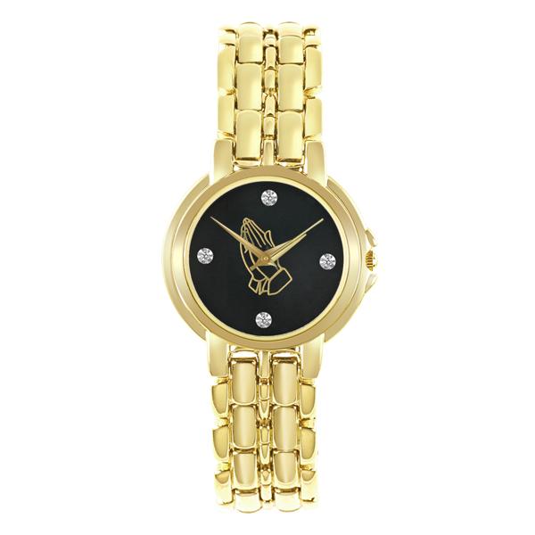 Mens Goldtone Prayer Hands Black Dial Diamond Quartz Watch