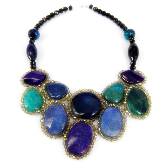 Round Purple/ Blue Agate Mosaic Bib Statement Necklace (Thailand