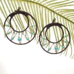 Pretty Blue Turquoise Brass Web Hoop Earrings (Thailand) Earrings