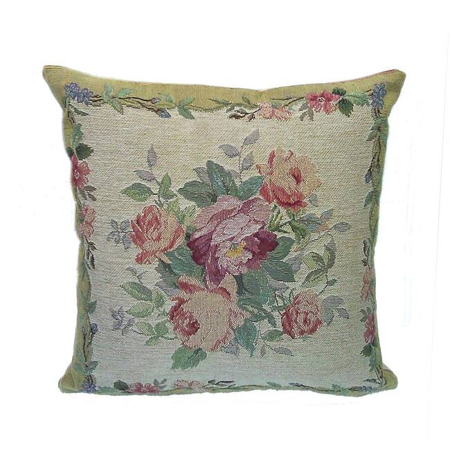 Corona Decor French Woven Flower Theme Rose/Green Decorative Pillow