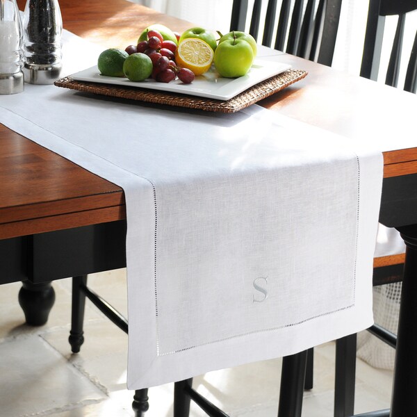 Shop Personalized White Linen Hemstitch Table Runner Overstock 6609030