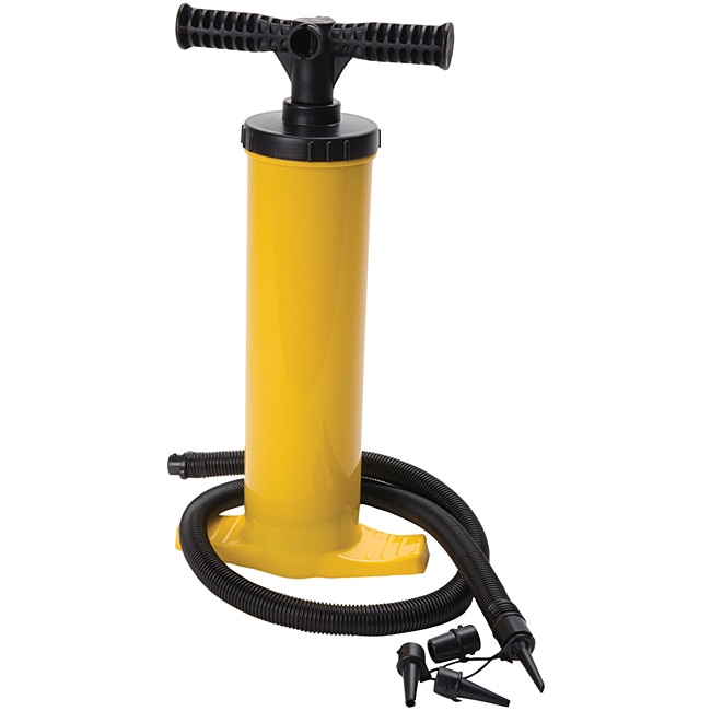 Watercraft Yellow Hand Pump (YellowIdeal for use on large inflatable watercraftPumps air on both the up and down strokeSturdy, noncorrosive plastic constructionComfortable handles for easy strokesTextured base for non slip supportPush in hose to pump conn