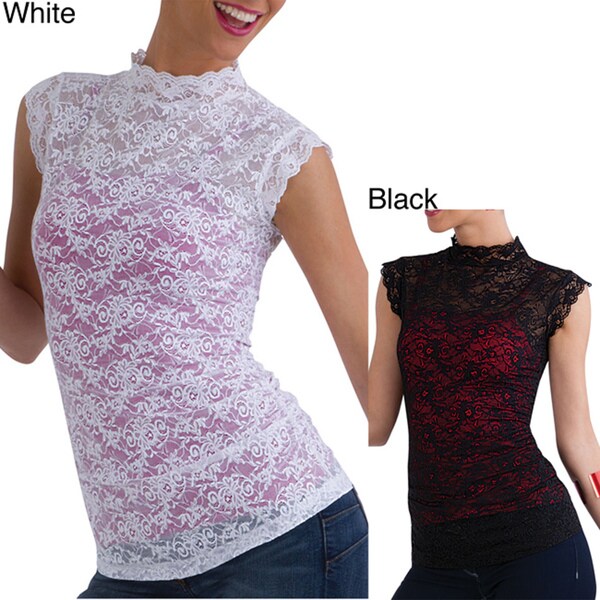 Ilusion Women's Sheer Lace Cap Sleeve Top
