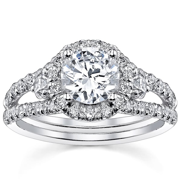 18k White Gold 2ct TDW Round Split Shank Halo Diamond Engagement Ring