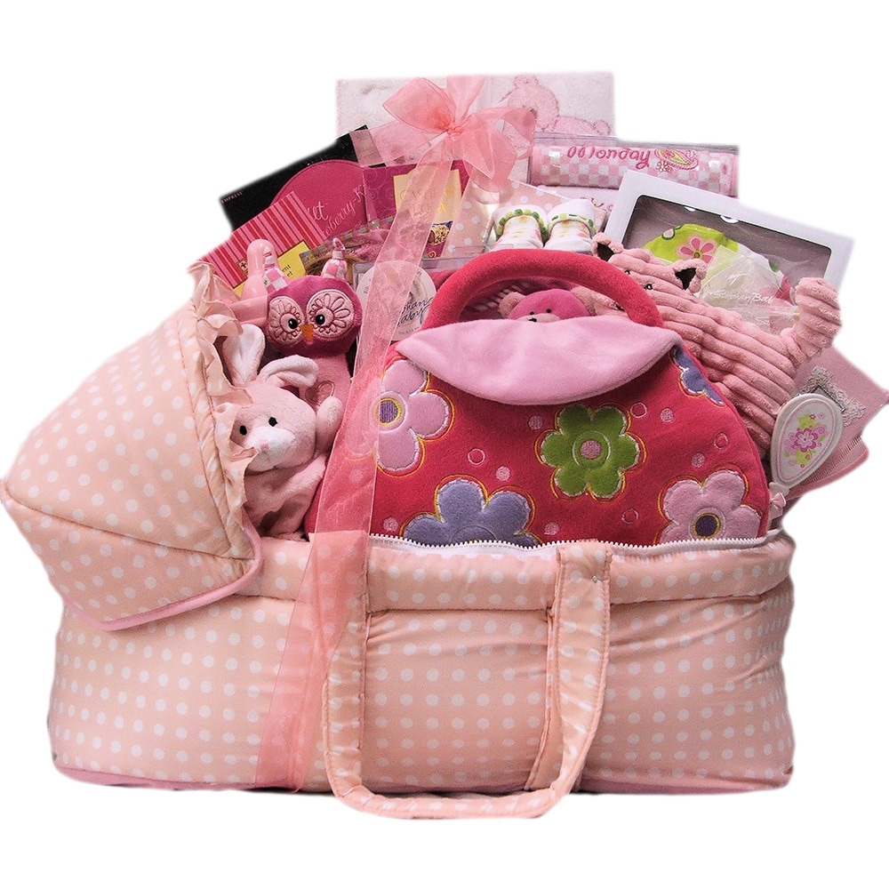 Best Wishes Baby Girl Gift Basket (PinkGender GirlPlush head/neck pillow for travelingHeart brush and combSqueaker rattleBear applique bootiesVinyl lined cotton bibDouble layered super soft plush bumpy blanket measuring 26 inches high x 31 inches wideMus