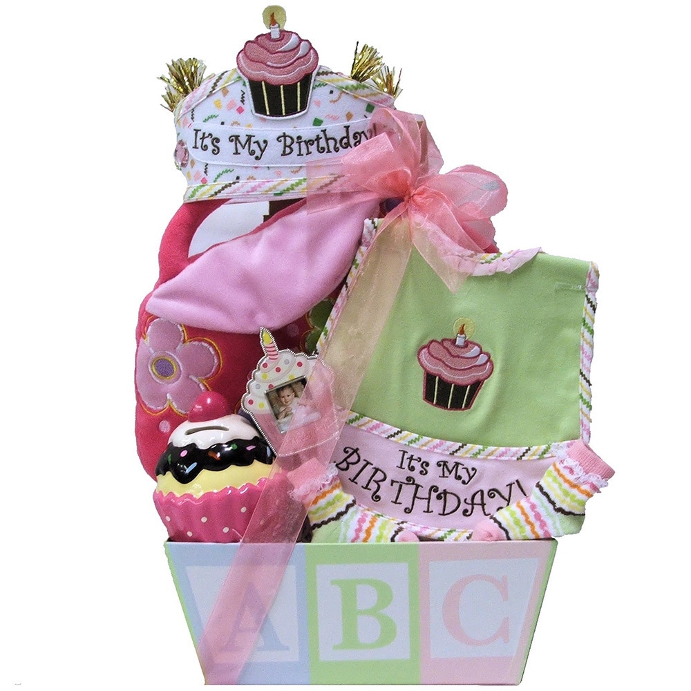 Babys 1st Birthday Baby Girl Gift Basket (PinkGender GirlBirthday Girl magnetic cupcake frameIts My Birthday bib and socksBabys First Birthday hardcover brag book hold 36 4 x 6 inch photosIts My Birthday ceramic plate and mug A B C rectangular paperboard