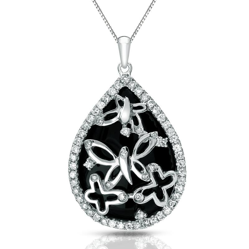 14k Gold Pear Shaped Black Onyx and 1/3ct TDW Diamond Butterfly Necklace