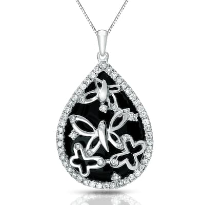 14k Gold Pear Shaped Black Onyx and 1/3ct TDW Diamond Butterfly Necklace