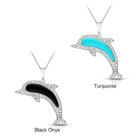 14k Gold Turquoise and Black Onyx with 1/4ct TDW Diamond Accent Dolphin Necklace