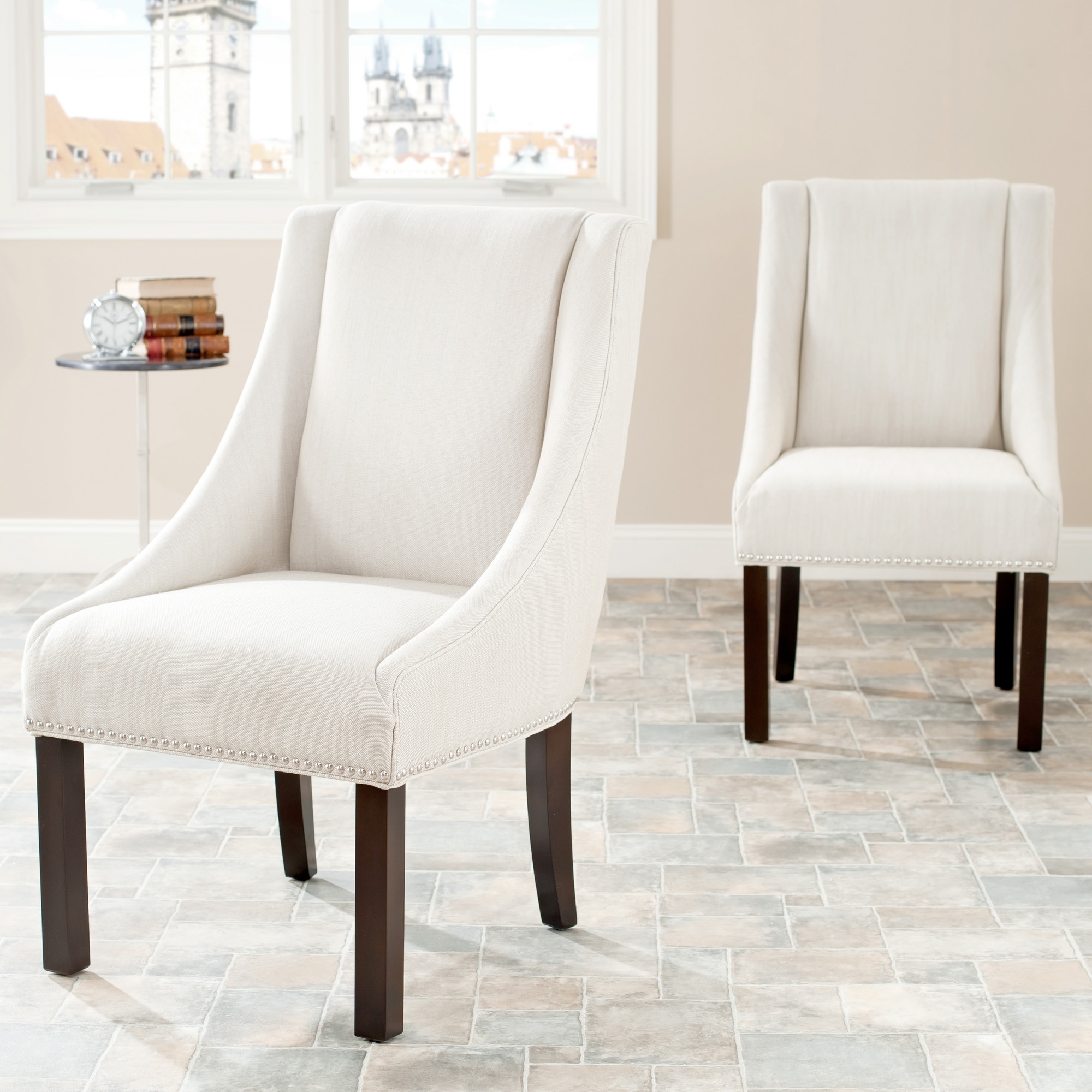 Safavieh Sloping Arm Beige Linen Nailhead Dining Chairs (set Of 2)