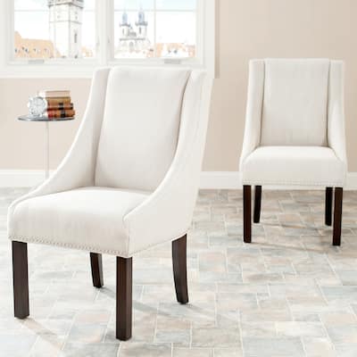 SAFAVIEH Dining Sloping Arm Beige Linen Nailhead Dining Chairs (Set of 2) - 23.2" x 27.2" x 39.4"