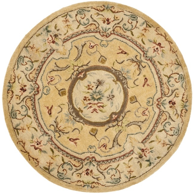 Handmade French Aubusson Light Gold/ Beige Wool Rug (4 Round)