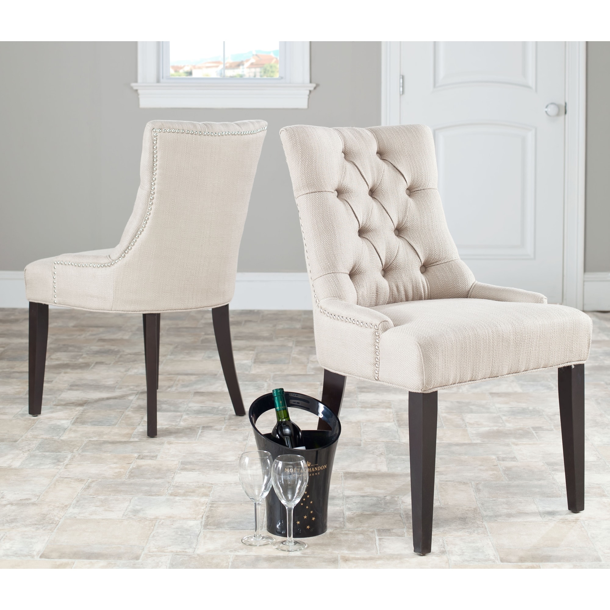 Safavieh Marseille Beige Linen Nailhead Dining Chairs (Set of 2