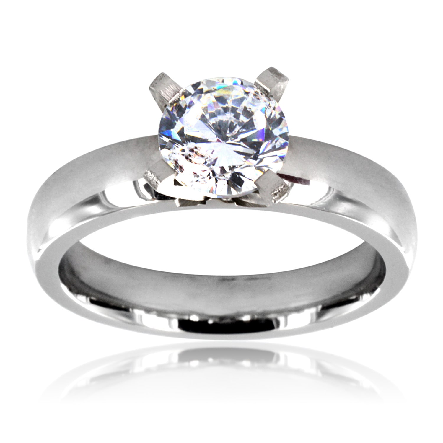 Stainless Steel Prong-Set Round Solitaire Engagement Ring with Clear CZ