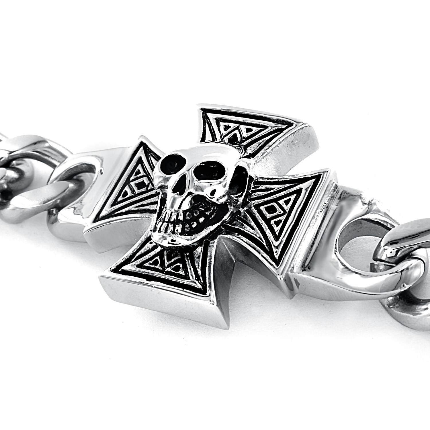 Stainless Steel Iron Cross Men's Cuff Bracelet with Skulls SB35 