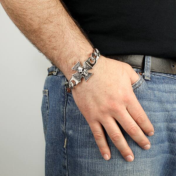 Stainless Steel Iron Cross Men's Cuff Bracelet with Skulls SB35 Stainless Steel Iron Cross Men's Cuff Bracelet with Skulls SB35