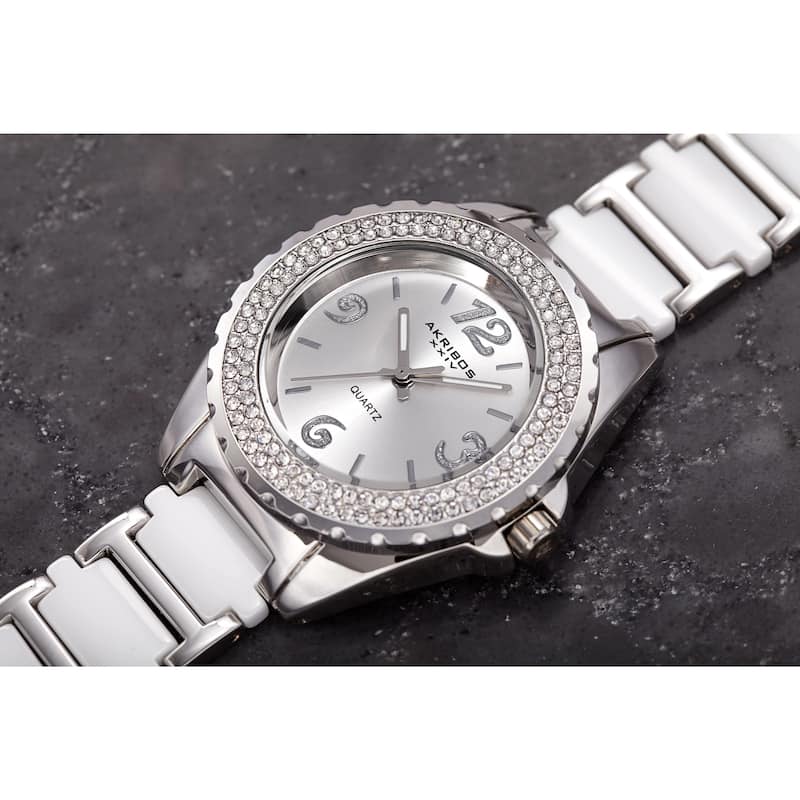 Akribos XXIV Women's Quartz Mineral-Crystal Ceramic White Bracelet Watch