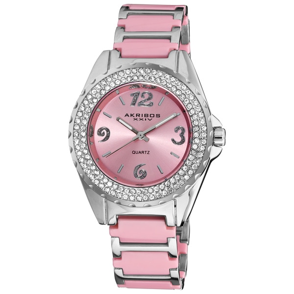 Akribos XXIV Women's Pink Quartz Crystal Ceramic Bracelet Watch