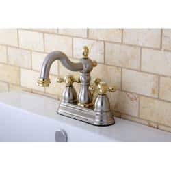 Victorian High Spout Satin Nickel/ Polished Brass Bathroom Faucet - Solid Cross