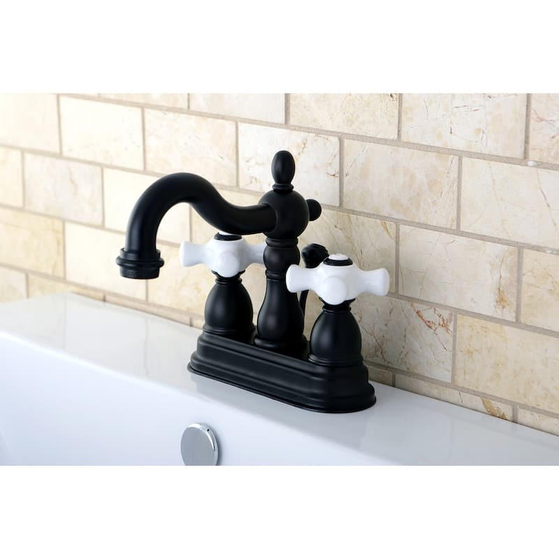 Kingston Brass Victorian High Spout Oil Rubbed Bronze Bathroom Faucet - Porcelain Cross Handles