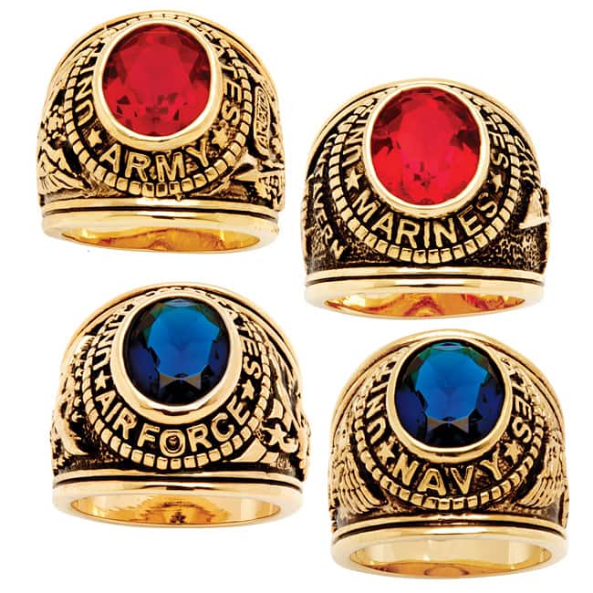 Antiqued 14k Gold-plated Oval-cut Simulated Sapphire or Ruby Military Ring