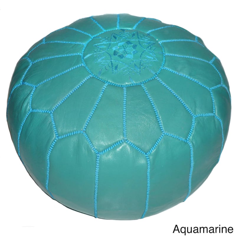 AMIRA Moroccan Contemporary Genuine Leather Ottoman (Morocco) - Leather - Aquamarine - Shabby Chic - Moroccan