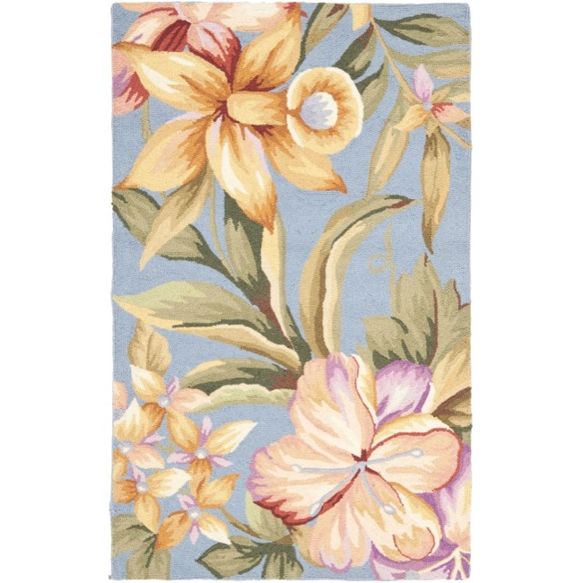 Hand hooked Botanical Blue Wool Rug (18 X 26)