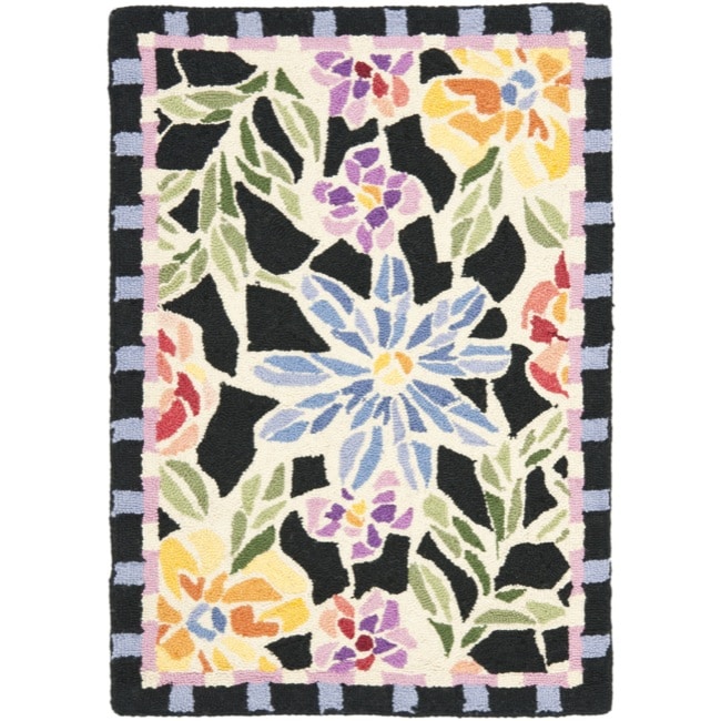 Hand hooked Floral Mosaic Black Wool Rug (18 X 26)