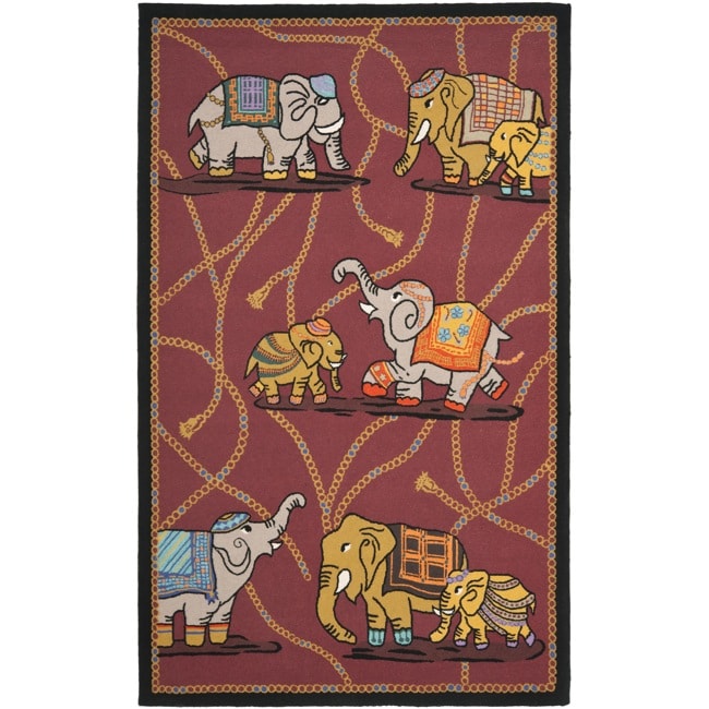 Hand hooked Elephants Rust Wool Rug (53 X 83)