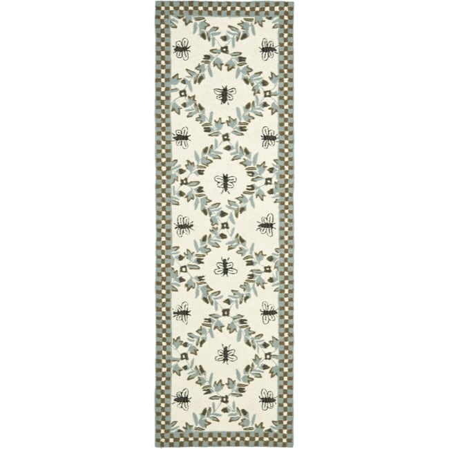 Hand hooked Bees Ivory/ Blue Wool Rug (26 X 12)