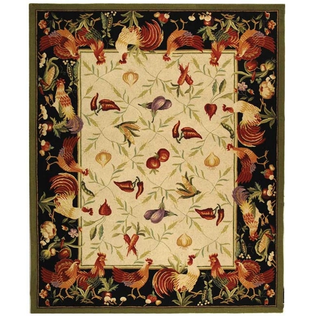 Hand hooked Roosters Ivory/ Black Wool Rug (89 X 119)