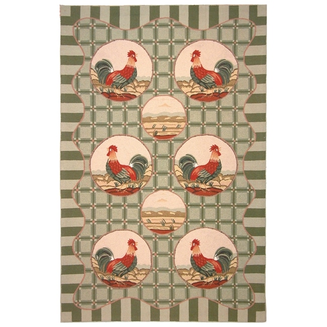 Hand hooked Rooster Green Wool Rug (53 X 83)