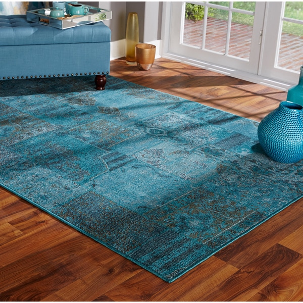 Patchwork Over-dyed Teal/ Gray Area Rug (6'7 x 9'6) - Free Shipping ...