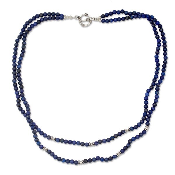 Agra Azure Double Strand Polished Blue Lapis Lazuli Gemstone Beads with 925 Sterling Silver Toggle Catch Womens Necklace (India)