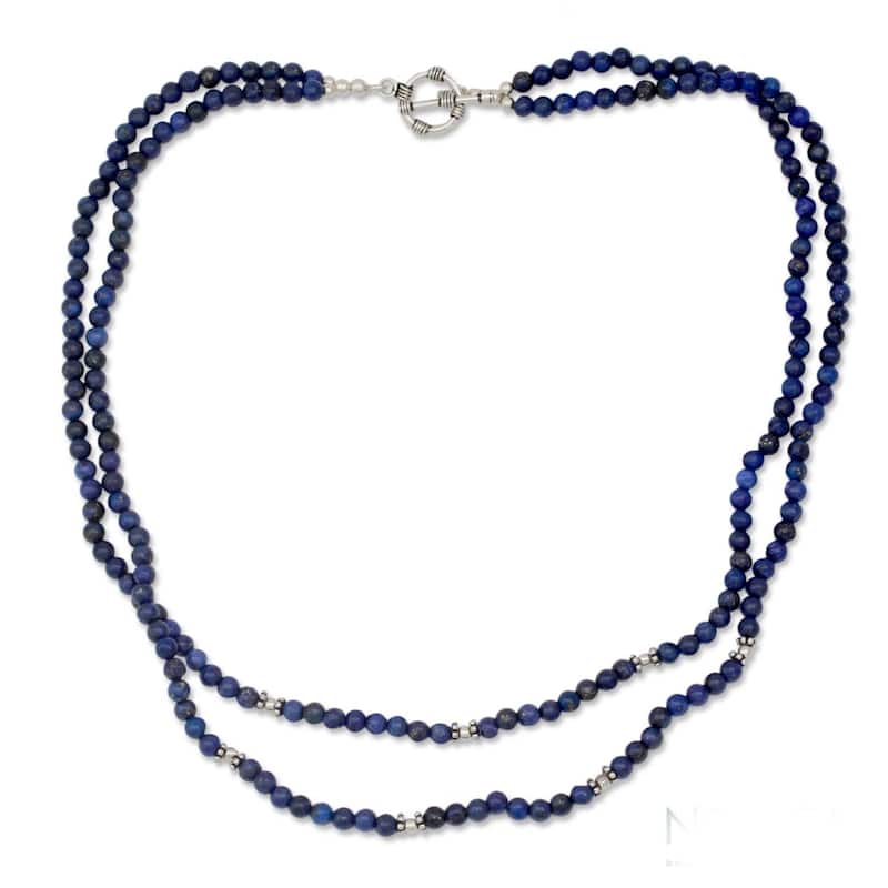 Agra Azure Double Strand Polished Blue Lapis Lazuli Gemstone Beads with 925 Sterling Silver Toggle Catch Womens Necklace ( - Lapis - 16.5 Inch - White - Blue - Blue