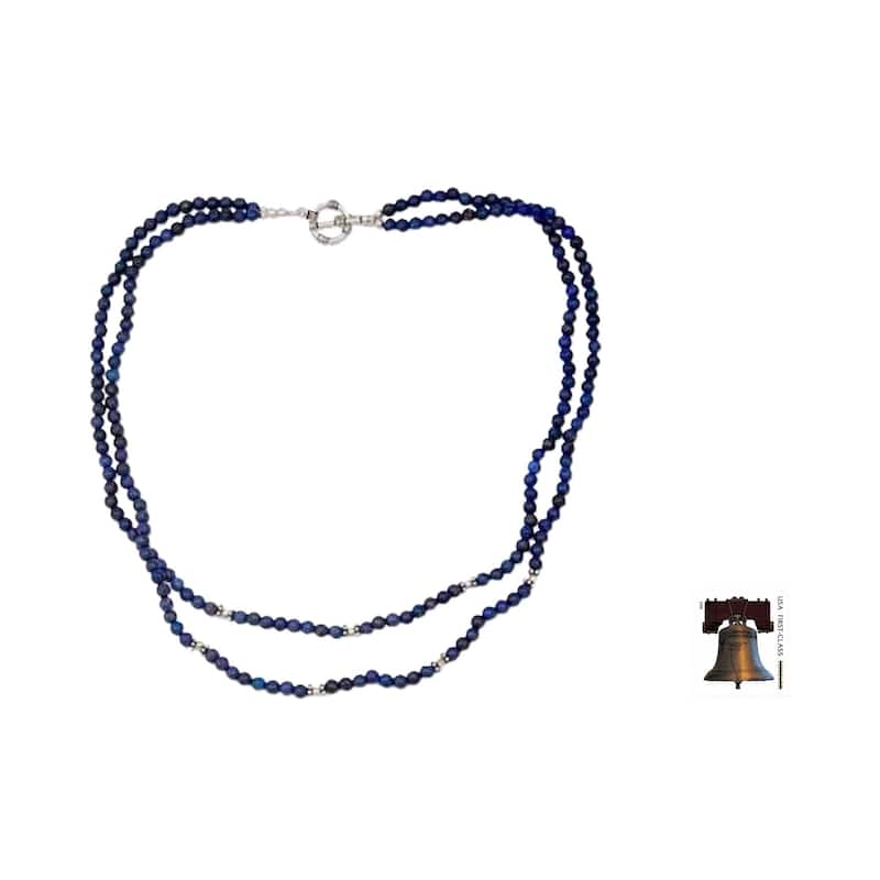 Agra Azure Double Strand Polished Blue Lapis Lazuli Gemstone Beads with 925 Sterling Silver Toggle Catch Womens Necklace (