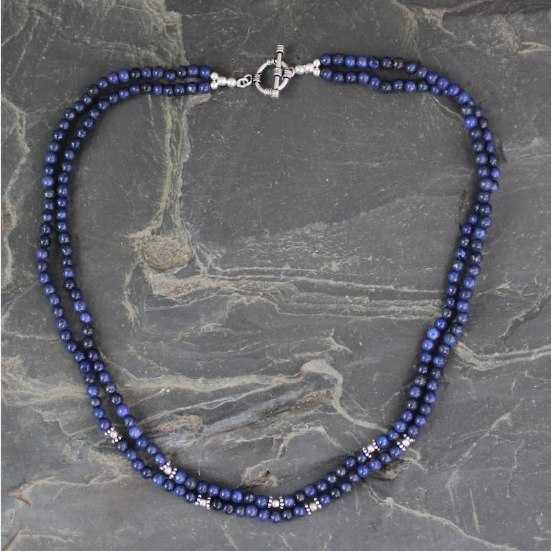 Agra Azure Double Strand Polished Blue Lapis Lazuli Gemstone Beads with 925 Sterling Silver Toggle Catch Womens Necklace (