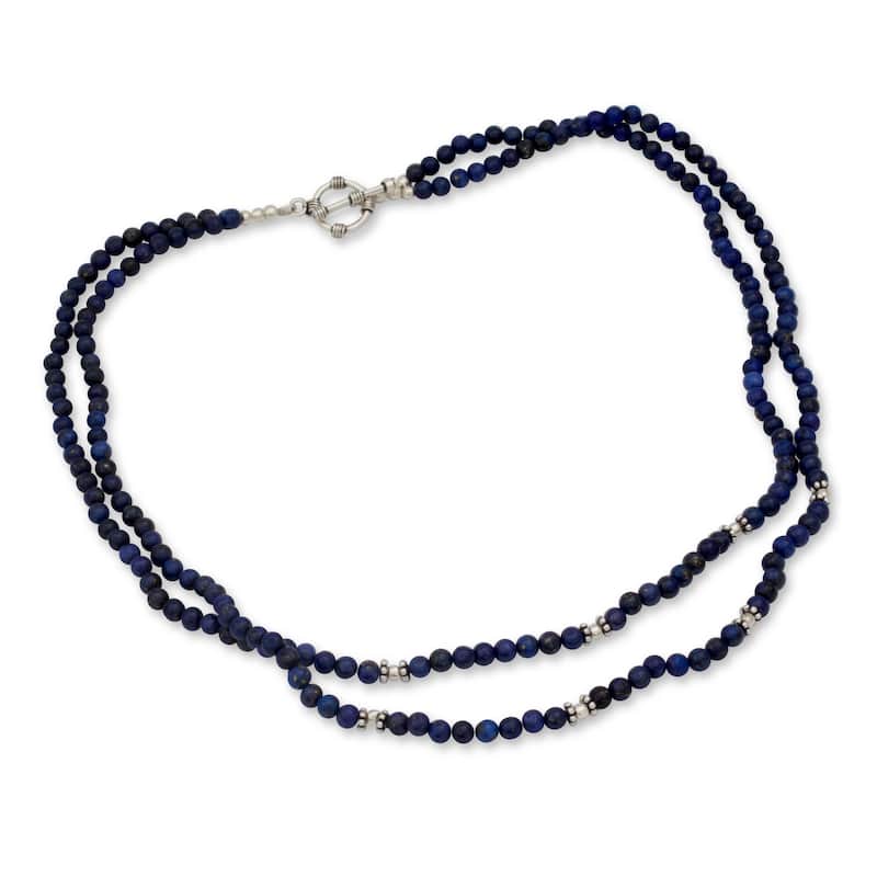 Agra Azure Double Strand Polished Blue Lapis Lazuli Gemstone Beads with 925 Sterling Silver Toggle Catch Womens Necklace (