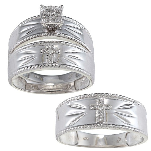 Shop Sterling Silver Diamond Accent Cross 3-piece His and Hers Bridal ...