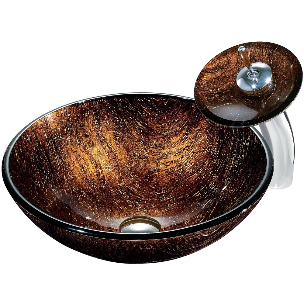 VIGO Kenyan Twilight Glass Vessel Sink and Waterfall Faucet Set in Chrome