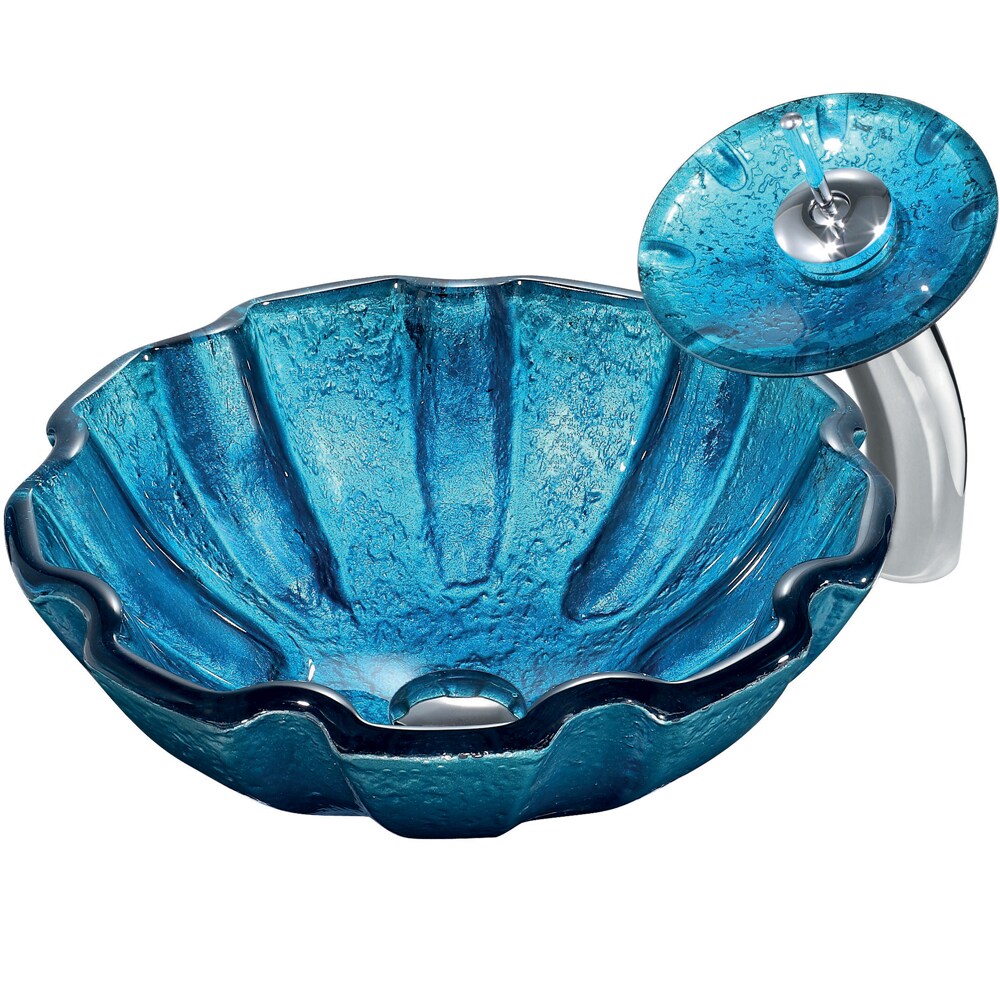 Mediterranean Seashell Vessel Sink In Blue With Waterfall Faucet