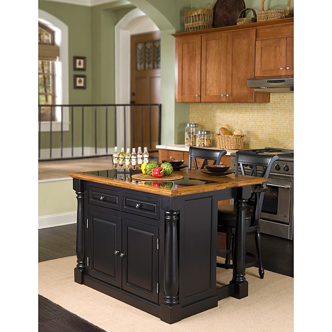 Monarch Island With Granite Top Black Distressed Oak Finish And Bar Stools By Home Styles