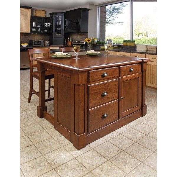 Aspen Rustic Cherry Kitchen Island And Two Bar Stools By Home Styles Free Shipping Today