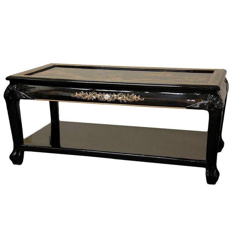 Handmade Black Lacquer Landscape Coffee Table with Shelf (China) - 40.00"W x 20.00"D x 18.00"H
