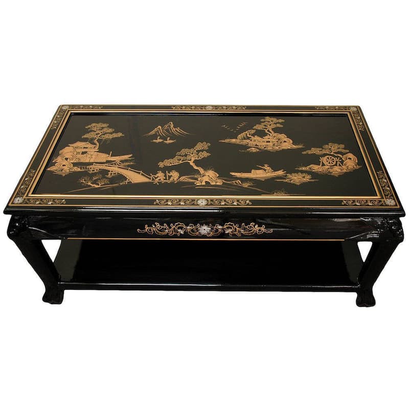 Handmade Black Lacquer Landscape Coffee Table with Shelf (China) - 40.00"W x 20.00"D x 18.00"H