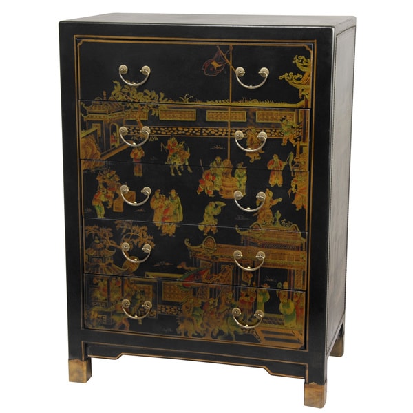 Black Lacquer Village Life Five Drawer Chest (China)