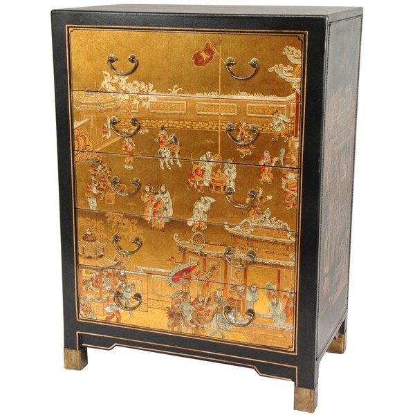 Handmade Gold Leaf Village Life Five Drawer Chest (China)