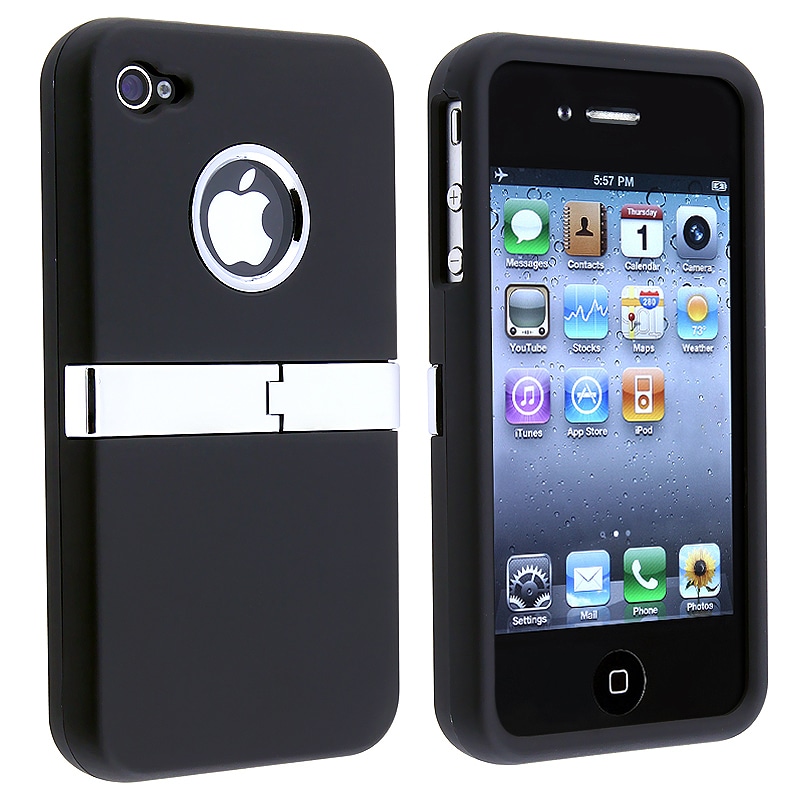 INSTEN Black/ Chrome Stand Rubber Coated Phone Case Cover for Apple iPhone 4/ 4S