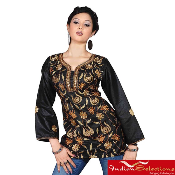 Black Long sleeve Embroidered 100 percent Viscose Kurti/Tunic (India)