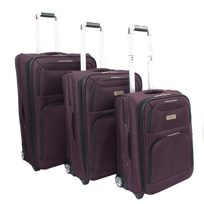 Dejuno Purple Luxury 3 piece Expandable Upright Luggage Set (PurpleMaterial 1680D Ballistic NylonWeight 28 inch (12.2 pound), 24 inch (10.2 pound), 20 inch (8.8 pound)Wheeled YesWheel type Ball bearing inline skateExterior Dimensions 28 inch 28.5 inc
